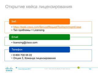 Открытие кейса лицензирования
Cisco Connect 2017 © 2017 Cisco and/or its affiliates. All rights reserved. 065
• https://tools.cisco.com/ServiceRequestTool/scm/mgmt/case
• Тип проблемы = Licensing
Веб
• licensing@cisco.com
Email
• 8 800 700 05 22
• Опция 3, Команда лицензирования
Телефон
 