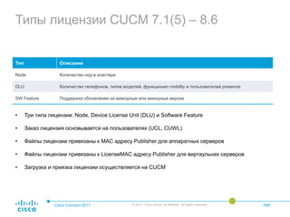Типы лицензии CUCM 7.1(5) – 8.6
Cisco Connect 2017 © 2017 Cisco and/or its affiliates. All rights reserved. 068
Тип Описание
Node Количество нод в кластере
DLU Количество телефонов, типов моделей, функционал mobility и пользователей presence
SW Feature Поддержка обновления на мажорные или минорные версии
• Три типа лицензии: Node, Device License Unit (DLU) и Software Feature
• Заказ лицензия основывается на пользователях (UCL, CUWL)
• Файлы лицензии привязаны к MAC адресу Publisher для аппаратных серверов
• Файлы лицензии привязаны к LicenseMAC адресу Publisher для виртаульнах серверов
• Загрузка и приязка лицензии осуществляется на CUCM
 