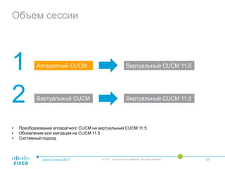 Объем сессии
Cisco Connect 2017 © 2017 Cisco and/or its affiliates. All rights reserved. 07
1
2
Аппаратный CUCM
Виртуальный CUCM
Виртуальный CUCM 11.5
Виртуальный CUCM 11.5
• Преобразование аппаратного CUCM на виртуальный CUCM 11.5
• Обновление или миграция на CUCM 11.5
• Системный подход
 