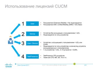 Использование лицензий CUCM
Cisco Connect 2017 © 2017 Cisco and/or its affiliates. All rights reserved. 071
User
Device
User / Device
TelePresence
1
2
3
4
• Пользователи Extension Mobility = Не лицензируются
• Пользователи EM с Unified Mobility (SNR) = UCL Basic
• Устойства без ассоциации с пользователем = UCL
• Лицензируется по типу устройства
• Устойства с ассоциацией с пользователем = UCL или
CUWL
• Лицензируется по типу устройства и количеству устройств,
ассоциированных с пользователем
• 1–2 устройства = UCL, 3–10 устройств = CUWL
• TelePresence (TP) устройство
• Такие как CTS, MX, SX, TX и т.п.
 