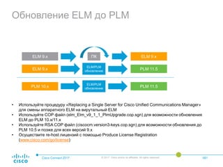 Обновление ELM до PLM
Cisco Connect 2017 © 2017 Cisco and/or its affiliates. All rights reserved. 081
ELM 9.x
ELM 9.x
ELM 9.xПК
ELM/PLM
обновление PLM 11.5
PLM 10.x
ELM/PLM
обновление PLM 11.5
• Используйте процедуру «Replacing a Single Server for Cisco Unified Communications Manager»
для смены аппаратного ELM на вирутальный ELM
• Используйте COP файл (elm_Elm_v9_1_1_PlmUpgrade.cop.sgn) для возможности обновления
ELM до PLM 10.x/11.x
• Используйте RSA COP файл (ciscocm.version3-keys.cop.sgn) для возможности обновления до
PLM 10.5 и позже для всех версий 9.x
• Осуществите re-host лицензий с помощью Produce License Registration
(www.cisco.com/go/license)
 