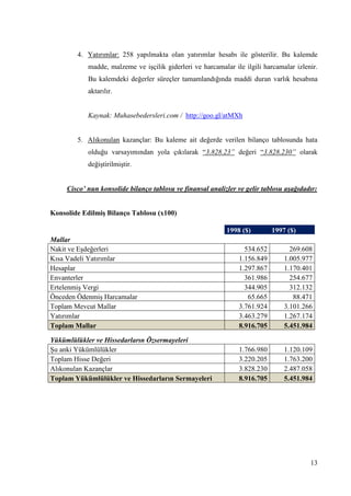 13
4. Yatırımlar: 258 yapılmakta olan yatırımlar hesabı ile gösterilir. Bu kalemde
madde, malzeme ve iĢçilik giderleri ve harcamalar ile ilgili harcamalar izlenir.
Bu kalemdeki değerler süreçler tamamlandığında maddi duran varlık hesabına
aktarılır.
Kaynak: Muhasebedersleri.com / http://goo.gl/atMXh
5. Alıkonulan kazançlar: Bu kaleme ait değerde verilen bilanço tablosunda hata
olduğu varsayımından yola çıkılarak “3.828.23” değeri “3.828.230” olarak
değiĢtirilmiĢtir.
Cisco’ nun konsolide bilanço tablosu ve finansal analizler ve gelir tablosu aşağıdadır:
Konsolide EdilmiĢ Bilanço Tablosu (x100)
1998 ($) 1997 ($)
Mallar
Nakit ve EĢdeğerleri 534.652 269.608
Kısa Vadeli Yatırımlar 1.156.849 1.005.977
Hesaplar 1.297.867 1.170.401
Envanterler 361.986 254.677
ErtelenmiĢ Vergi 344.905 312.132
Önceden ÖdenmiĢ Harcamalar 65.665 88.471
Toplam Mevcut Mallar 3.761.924 3.101.266
Yatırımlar 3.463.279 1.267.174
Toplam Mallar 8.916.705 5.451.984
Yükümlülükler ve Hissedarların Özsermayeleri
ġu anki Yükümlülükler 1.766.980 1.120.109
Toplam Hisse Değeri 3.220.205 1.763.200
Alıkonulan Kazançlar 3.828.230 2.487.058
Toplam Yükümlülükler ve Hissedarların Sermayeleri 8.916.705 5.451.984
 