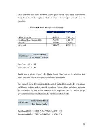 15
Cisco Ģirketinin kısa süreli borçlarını ödeme gücü, ileride kredi veren kuruluĢlardan
kredi alması taktirinde, borçlarını rahatlıkla ödeyip ödemeyeceğini anlamak açısından
önemlidir:
Konsolide EdilmiĢ Bilanço Tablosu (x100)
1998 ($) 1997 ($)
Dönen Varlıklar 3.417.019 2.789.134
Kısa Dön. Borç. (ġu anki Yük.) 1.766.980 1.120.109
Stoklar 361.986 254.677
Özkaynak 7.048.435 4.250.258
Cari Oran (1998)= 1,93
Cari Oran (1997)= 2,49
Her iki seneye ait cari oranın 1’ den büyük olması, Cisco’ nun her iki senede de kısa
süreli borçlarını kolaylıkla ödeyebildiği anlamına gelmektedir.
Cari orana ek olarak Hızlı oran (asit test oranı) da kullanılabilmektedir. Bu oran, dönen
varlıklardan stokların değeri çıkarılak hesaplanır. Stoklar, dönen varlıkların içerisinde
yer almaktadır ve elde kalan stokların değer kaybetme riski ve hemen paraya
çevrilememe ihtimali bulunduğundan, bu oran kullanılabilmektedir.
Hızlı Oran (1998)= (3.417.019-361.986)/1.766.980 = 1,73
Hızlı Oran (1997)= (2.789.134-254.677)/1.120.109 = 2,26
 