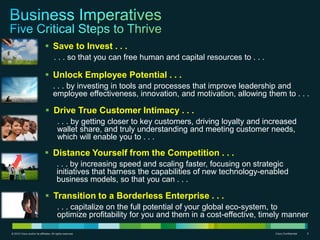  Save to Invest . . .
                                      . . . so that you can free human and capital resources to . . .

                               Unlock Employee Potential . . .
                                     . . . by investing in tools and processes that improve leadership and
                                     employee effectiveness, innovation, and motivation, allowing them to . . .

                               Drive True Customer Intimacy . . .
                                         . . . by getting closer to key customers, driving loyalty and increased
                                         wallet share, and truly understanding and meeting customer needs,
                                         which will enable you to . . .

                              Distance Yourself from the Competition . . .
                                        . . . by increasing speed and scaling faster, focusing on strategic
                                        initiatives that harness the capabilities of new technology-enabled
                                        business models, so that you can . . .

                               Transition to a Borderless Enterprise . . .
                                         . . . capitalize on the full potential of your global eco-system, to
                                         optimize profitability for you and them in a cost-effective, timely manner

© 2010 Cisco and/or its affiliates. All rights reserved.                                                 Cisco Confidential   5
 