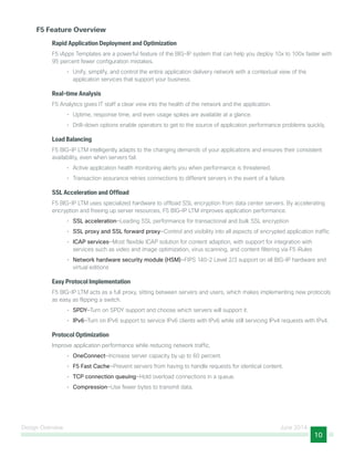 Design Overview June 2014
10
F5 Feature Overview
Rapid Application Deployment and Optimization
F5 iApps Templates are a powerful feature of the BIG-IP system that can help you deploy 10x to 100x faster with
95 percent fewer configuration mistakes.
•	 Unify, simplify, and control the entire application delivery network with a contextual view of the
application services that support your business.
Real-time Analysis
F5 Analytics gives IT staff a clear view into the health of the network and the application.
•	 Uptime, response time, and even usage spikes are available at a glance.
•	 Drill-down options enable operators to get to the source of application performance problems quickly.
Load Balancing
F5 BIG-IP LTM intelligently adapts to the changing demands of your applications and ensures their consistent
availability, even when servers fail.
•	 Active application health monitoring alerts you when performance is threatened.
•	 Transaction assurance retries connections to different servers in the event of a failure.
SSL Acceleration and Offload
F5 BIG-IP LTM uses specialized hardware to offload SSL encryption from data center servers. By accelerating
encryption and freeing up server resources, F5 BIG-IP LTM improves application performance.
•	 SSL acceleration—Leading SSL performance for transactional and bulk SSL encryption
•	 SSL proxy and SSL forward proxy—Control and visibility into all aspects of encrypted application traffic
•	 ICAP services—Most flexible ICAP solution for content adaption, with support for integration with
services such as video and image optimization, virus scanning, and content filtering via F5 iRules
•	 Network hardware security module (HSM)—FIPS 140-2 Level 2/3 support on all BIG-IP hardware and
virtual editions
Easy Protocol Implementation
F5 BIG-IP LTM acts as a full proxy, sitting between servers and users, which makes implementing new protocols
as easy as flipping a switch.
•	 SPDY—Turn on SPDY support and choose which servers will support it.
•	 IPv6—Turn on IPv6 support to service IPv6 clients with IPv6 while still servicing IPv4 requests with IPv4.
Protocol Optimization
Improve application performance while reducing network traffic.
•	 OneConnect—Increase server capacity by up to 60 percent.
•	 F5 Fast Cache—Prevent servers from having to handle requests for identical content.
•	 TCP connection queuing—Hold overload connections in a queue.
•	 Compression—Use fewer bytes to transmit data.
 