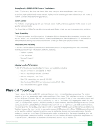 Design Overview June 2014
11
Strong Security: F5 BIG-IP LTM Protects Your Network.
Detect DDoS attacks and route the connections away from critical servers—or reject them outright.
As a native, high-performance firewall solution, F5 BIG-IP LTM protects your entire infrastructure and scales to
perform under the most demanding conditions.
Custom Control
The F5 iRules scripting language lets you intercept, parse, modify, and route application traffic based on your
specific business needs.
The iRules Wiki on F5 DevCentral offers many real-world iRules to help you quickly solve pressing problems.
Elastic Scalability
F5 ScaleN technology provides clustering, virtualization, and on-demand scaling capabilities to enable more
efficient, elastic, and multi-tenant solutions. ScaleN breaks away from traditional infrastructure limitations and
offers multiple scalability and consolidation models to help you meet your specific business needs.
Virtual and Cloud Flexibility
F5 BIG-IP LTM Virtual Edition delivers virtual environment and cloud deployment options with unmatched
flexibility across all major virtualization platforms, including:
•	 VMware vSphere
•	 Citrix XenServer
•	 Microsoft Hyper-V
•	 KVM
Industry-Leading Performance
F5 BIG-IP LTM delivers unparalleled performance and scalability, including:
•	 Max. L4 connections per second: 10 million
•	 Max. L7 requests per second: 20 million
•	 Max. L4 throughput: 640 Gbps
•	 Max. SSL transactions per second: 240,000
•	 Max. hardware DDoS SYN connections per second: 640 million
•	 Max. virtual edition throughput: 3 Gbps
Physical Topology
Figure 5 shows the Cisco VMDC 2.3 system architecture from a physical topology perspective. The system
consists of up to four aggregation pods implemented using Cisco Nexus 7004 switches connecting to the pair
of Cisco ASR1006 PE routers. Each of the aggregation PoDs can consist of one to three integrated compute and
storage (ICS) stacks (FlexPod or Vblock) connecting to a pair of Cisco Nexus 7004 aggregation nodes in a pod.
Each ICS is comprised of a pair of Cisco Nexus 5548UP access switches, with one or more pair of Cisco Unified
Computing System (UCS) 6248 Fabric Interconnects, each with one to eight Cisco UCS blade systems chassis.
This scaling can be changed by using higher models of Cisco ASR1000 PE routers and Cisco Nexus 7000 Series
Switches because the exact number of aggregation pods and ICS pods and the Cisco UCS blades used depend
on the specific models of routers and switches used as well as the desired over-subscription ratios. Security
appliances connected to the Nexus 7004 aggregation nodes provide services. Per-tenant firewall services are
provided by firewall contexts on the ASA 5585-X with SSP-60. Server-load balancing services are provided by
F5 BIG-IP 5200v LTMs and are an implementation variation of Cisco VMDC Release 2.3.
 