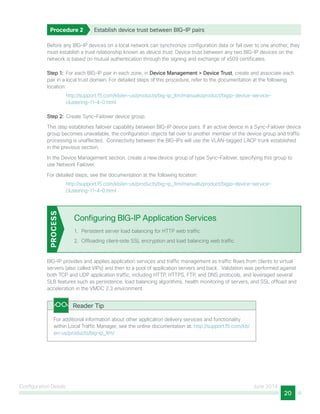 Configuration Details June 2014
20
Procedure 2	 Establish device trust between BIG-IP pairs
Before any BIG-IP devices on a local network can synchronize configuration data or fail over to one another, they
must establish a trust relationship known as device trust. Device trust between any two BIG-IP devices on the
network is based on mutual authentication through the signing and exchange of x509 certificates.
Step 1:  For each BIG-IP pair in each zone, in Device Management > Device Trust, create and associate each
pair in a local trust domain. For detailed steps of this procedure, refer to the documentation at the following
location:
http://support.f5.com/kb/en-us/products/big-ip_ltm/manuals/product/bigip-device-service-
clustering-11-4-0.html
Step 2:  Create Sync-Failover device group.
This step establishes failover capability between BIG-IP device pairs. If an active device in a Sync-Failover device
group becomes unavailable, the configuration objects fail over to another member of the device group and traffic
processing is unaffected. Connectivity between the BIG-IPs will use the VLAN-tagged LACP trunk established
in the previous section.
In the Device Management section, create a new device group of type Sync-Failover, specifying this group to
use Network Failover.
For detailed steps, see the documentation at the following location:
http://support.f5.com/kb/en-us/products/big-ip_ltm/manuals/product/bigip-device-service-
clustering-11-4-0.html
Configuring BIG-IP Application Services
1.	 Persistent server load balancing for HTTP web traffic
2.	 Offloading client–side SSL encryption and load balancing web traffic
PROCESS
BIG-IP provides and applies application services and traffic management as traffic flows from clients to virtual
servers (also called VIPs) and then to a pool of application servers and back. Validation was performed against
both TCP and UDP application traffic, including HTTP, HTTPS, FTP, and DNS protocols, and leveraged several
SLB features such as persistence, load balancing algorithms, health monitoring of servers, and SSL offload and
acceleration in the VMDC 2.3 environment.
For additional information about other application delivery services and functionality
within Local Traffic Manager, see the online documentation at: http://support.f5.com/kb/
en-us/products/big-ip_ltm/
Reader Tip
 