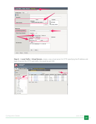 Configuration Details June 2014
24
Step 6:  In Local Traffic > Virtual Servers, create a new virtual server for HTTP, specifying the IP address and
type of service (for HTTP web traffic, this would be port 80).
 