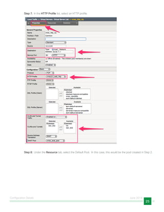 Configuration Details June 2014
25
Step 7:  In the HTTP Profile list, select an HTTP profile.
Step 8:  Under the Resource tab, select the Default Pool. In this case, this would be the pool created in Step 2.
 