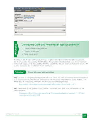 Configuration Details June 2014
29
Configuring OSPF and Route Health Injection on BIG-IP
1.	 License advanced routing modules
2.	 Configure BIG-IP OSPF
3.	 Enable RHI on BIG-IP
PROCESS
By adding F5 BIG-IP to the OSPF area 0, forming a neighbor relation between BIG-IP and the Nexus 7004,
BIG-IP can advertise the availability of a VIP address throughout the intranet as a host route. This is known as
Route Health Injection (RHI). The availability of a VIP is based on the status of attached virtual server. When a VIP
become unavailable, BIG-IP withdraws the RHI information.
Procedure 1	 License advanced routing modules
Step 1:  In order to configure a BIG-IP system to add route entries into Traffic Management Microkernel and host
route tables dynamically, BIG-IP needs to be licensed with the optional set of advanced routing modules. For
details about BIG-IP licensing, refer to the documentation at the following location:
http://support.f5.com/kb/en-us/solutions/public/7000/700/sol7752.html?sr=37731073
Step 2:  Enable the BIG-IP advanced routing module. For detailed steps, refer to the documentation at the
following location:
http://support.f5.com/kb/en-us/products/big-ip_ltm/manuals/product/tmos-concepts-11-1-0/tmos_
routes_dynamic.html#1225934
 