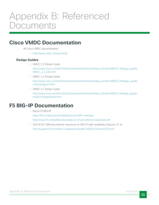 Appendix B: Referenced Documents June 2014
35
Appendix B: Referenced
Documents
Cisco VMDC Documentation
All Cisco VMDC documentation:
•	 http://www.cisco.com/go/vmdc
Design Guides
•	 VMDC 2.3 Design Guide:
http://www.cisco.com/en/US/docs/solutions/Enterprise/Data_Center/VMDC/2.3/design_guide/
VMDC_2.3_DG.html
•	 VMDC 2.2 Design Guide:
http://www.cisco.com/en/US/docs/solutions/Enterprise/Data_Center/VMDC/2.2/design_guide/
vmdcDesign22.html
•	 VMDC 2.1 Design Guide:
http://www.cisco.com/en/US/docs/solutions/Enterprise/Data_Center/VMDC/2.1/design_guide/
vmdc21DesignGuide.html
F5 BIG-IP Documentation
•	 About F5 BIG-IP
https://f5.com/products/modules/local-traffic-manager
http://www.f5.com/pdf/products/big-ip-virtual-editions-datasheet.pdf
•	 SOL14135: Defining network resources for BIG-IP high-availability features (11.x):
http://support.f5.com/kb/en-us/solutions/public/14000/100/sol14135.html
 