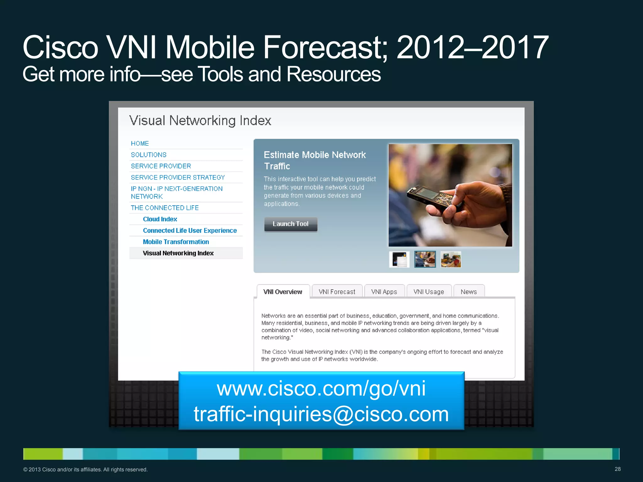 Cisco VNI Mobile Forecast; 2012–2017
Get more info—see Tools and Resources

www.cisco.com/go/vni
traffic-inquiries@cisco.com
© 2013 Cisco and/or its affiliates. All rights reserved.

28

 