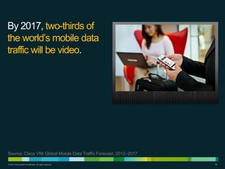By 2017, two-thirds of
the world’s mobile data
traffic will be video.

Source: Cisco VNI Global Mobile Data Traffic Forecast, 2012–2017
© 2013 Cisco and/or its affiliates. All rights reserved.

24

 