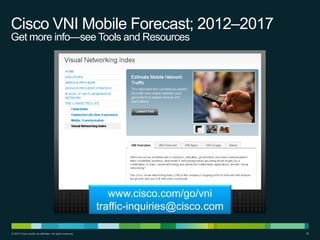 Cisco VNI Mobile Forecast; 2012–2017
Get more info—see Tools and Resources

www.cisco.com/go/vni
traffic-inquiries@cisco.com
© 2013 Cisco and/or its affiliates. All rights reserved.

28

 