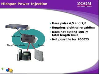 Midspan Power Injection
• Uses pairs 4,5 and 7,8
• Requires eight-wire cabling
• Does not extend 100-m
total length limit
• Not possible for 1000TX
 