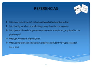 12
REFERENCIAS
 http://www.lac.inpe.br/~celso/cap334/aula2/aula2a/sld010.htm
 http://amigonerd.net/trabalho/1991-maquinas-risc-x-maquinas
 http://www.ifba.edu.br/professores/antoniocarlos/index_arquivos/risccisc
pipeline.pdf
 http://pt.wikipedia.org/wiki/RISC
 http://computersciencestudies.wordpress.com/2011/03/13/processador-
risc-x-cisc/
 