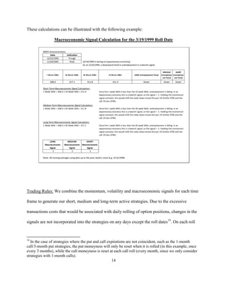 These calculations can be illustrated with the following example:

                        Macroeconomic Signal Calculation for the 3/19/1999 Roll Date

          NBER Announcements
                Date         Indication
             12/22/1992        Trough
             11/26/2001         Peak              (3/19/1999 is during an expansionary economy)
                                                  So on 3/19/1999, a downward trend in unemployment is a bearish signal.

                                                                                                                                     MEDIUM     SHORT
             1 W e e k S MA     40 W e e k S MA   30 W e e k S MA            10 W e e k S MA            LONG Unemployment Trend     Unemploym Unemploym
                                                                                                                                     ent Trend ent Trend

                 308.0              317.1             311.8                      311.4                           Down                 Down        Down

          Short Term Macroeconomic Signal Calculation:
          1 Week SMA = 308.0 < 10 Week SMA = 311.4                  Since the 1 week SMA is less than the 10 week SMA, unemployment is falling. In an
                                                                    expansionary economy this is a bearish signal, so the signal = -1. Holding the momentum
                                                                    signal constant, this would shift the collar down (move the put 1% further OTM and the
                                                                    call 1% less OTM).
          Medium Term Macroeconomic Signal Calculation:
          1 Week SMA = 308.0 < 30 Week SMA = 311.8                  Since the 1 week SMA is less than the 30 week SMA, unemployment is falling. In an
                                                                    expansionary economy this is a bearish signal, so the signal = -1. Holding the momentum
                                                                    signal constant, this would shift the collar down (move the put 1% further OTM and the
                                                                    call 1% less OTM).
          Long Term Macroeconomic Signal Calculation:
          1 Week SMA = 308.0 < 40 Week SMA = 317.1                  Since the 1 week SMA is less than the 40 week SMA, unemployment is falling. In an
                                                                    expansionary economy this is a bearish signal, so the signal = -1. Holding the momentum
                                                                    signal constant, this would shift the collar down (move the put 1% further OTM and the
                                                                    call 1% less OTM).

               LONG              MEDIUM              SHORT
           Macroeconomic       Macroeconomic      Macroeconomic
               Signal              Signal             Signal
                   -1                 -1                -1

          Note: All moving averages using data up to the prior week's close (e.g. 3/12/1999)




Trading Rules: We combine the momentum, volatility and macroeconomic signals for each time

frame to generate our short, medium and long-term active strategies. Due to the excessive

transactions costs that would be associated with daily rolling of option positions, changes in the

signals are not incorporated into the strategies on any days except the roll dates19. On each roll


19
   In the case of strategies where the put and call expirations are not coincident, such as the 1-month
call/3-month put strategies, the put moneyness will only be reset when it is rolled (in this example, once
every 3 months), while the call moneyness is reset at each call roll (every month, since we only consider
strategies with 1-month calls).
                                                      14
 