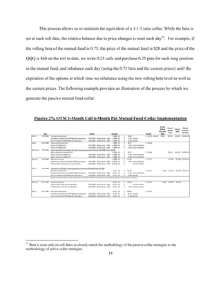 This process allows us to maintain the equivalent of a 1:1:1 ratio collar. While the beta is

set at each roll date, the relative balance due to price changes is reset each day22. For example, if

the rolling beta of the mutual fund is 0.75, the price of the mutual fund is $20 and the price of the

QQQ is $60 on the roll in date, we write 0.25 calls and purchase 0.25 puts for each long position

in the mutual fund, and rebalance each day (using the 0.75 beta and the current prices) until the

expiration of the options at which time we rebalance using the new rolling beta level as well as

the current prices. The following example provides an illustration of the process by which we

generate the passive mutual fund collar:



        Passive 2% OTM 1-Month Call 6-Month Put Mutual Fund Collar Implementation
                                                                                                                                                                                          65-Day
                                                                                                                                                                                                   Price of              Mutual
                                                                                                                                                                                          Rolling              Price of
                                                                                                                                                                                                   Mutual               Fund:Put:
                                                                                                                                                                                         Beta with              QQQ
                                                                                                                                                                                                     Fund               Call Ratio
                    Date                                                               Exdate                         Quantity                                          Wealth             QQQ
     Roll In     3/ 19/ 1999   Purchase mutual fund                                                                     1.0000 @    $     99.36                        $ 101.76 (Initial) 0.396     99.355     102.437 1:0.38:0.38
                               Purchase a 6-month 2% OTM QQQ put expiring on: 9/17/1999 (Strike price = 100)            0.3840 @    $      9.50    (at ask)
                               Sell a 1-month 2% OTM QQQ call expiring on:            4/16/1999 (Strike price = 104)    0.3840 @    $     (3.25)   (at bid)
     Value       3/ 22/ 1999   Value of of mutual fund                                                                  1.0000 @    $     99.17                        $ 101.88
                               Value of of QQQ puts                                   9/17/1999 (Strike price = 100)    0.3840 @    $      9.69    (mid of bid/ask)
                               Value of of QQQ calls                                  4/16/1999 (Strike price = 104)    0.3840 @    $     (2.63)   (mid of bid/ask)
     Rebalance   3/ 22/ 1999   Adjust quantities to maintain the ratio using current prices and the 3/19/1999 beta of 0.396
                               Adjust quantity of mutual fund                                                           0.9997 @    $     99.17                        $ 101.88                      99.171    101.187 1:0.39:0.39
                               Adjust quantity of QQQ puts                            9/17/1999 (Strike price = 100)    0.3880 @    $      9.69    (mid of bid/ask)
                               Adjust quantity of QQQ calls                           4/16/1999 (Strike price = 104)    0.3880 @    $     (2.63)   (mid of bid/ask)
     Roll Out    4/ 16/ 1999   Mutual fund value                                                                        0.9988 @    $    112.34                        $ 115.71                      112.339    107.062 1:0.42:0.42
                               Keep the put (now 5-month 4% OTM) expiring on: 9/17/1999 (Strike price = 100) 0.41543 @              $      8.44    (mid of bid/ask)
                               Payout value of previous call at expiration:           4/16/1999 (Strike price = 104) 0.41543 @      $       -      (intrinsic value)

     Roll In     4/ 16/ 1999   Since this is a roll date, adjust quantities to the new 4/16/1999 beta of 0.340
                               Keep the mutual fund                                                                    1.015 @         $ 112.34                     $ 115.71                 0.340   112.339    103.937 1:0.37:0.37
                               Keep the put (now 5-month 4% OTM) expiring on: 9/17/1999 (Strike price = 100)           0.373 @         $      8.44 (mid of bid/ask)
                               Sell a 1-month 2% OTM QQQ call expiring on:              5/22/1999 (Strike price = 106) 0.373 @         $     (4.00) (at bid)
                               Repeat until put expires, each day between roll dates rebalance quantities to the beta calculated on the previous roll date

     Roll Out    9/ 17/ 1999   Mutual fund value                                                                      0.966 @       $    146.04                        $ 145.61              0.469   146.041    126.625
                               Payout value of the put at expiration:               9/17/1999 (Strike price = 100)    0.523 @       $       -   (intrinsic value)
                               Payout value of the call at expiration:              9/17/1999 (Strike price = 118)    0.523 @       $      8.63 (intrinsic value)

     Roll In     9/ 17/ 1999   Keep the mutual fund                                                                   0.972 @       $    146.04                        $ 145.61
                               Purchase a 6-month 2% OTM QQQ put expiring on:       3/18/2000 (Strike price = 124)    0.526 @       $     10.25 (at ask)
                               Sell a 1-month 2% OTM QQQ call expiring on:         10/16/1999 (Strike price = 129)    0.526 @       $     (3.38) (at bid)




22
 Beta is reset only on roll dates to closely match the methodology of the passive collar strategies to the
methodology of active collar strategies.
                                                                                                                18
 