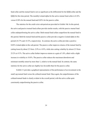 fund collar and the mutual fund is not as significant as the differential for the QQQ collar and the

QQQ for this time period. The monthly Leland alpha for the active mutual fund collar is 0.18%

versus 0.30% for the mutual fund and 0.03% for the passive collar.

        The statistics for the credit crisis sub-period are provided in Exhibit 10d. In this period,

the active and passive mutual fund collars provide similar results, with the passive mutual fund

collar underperforming the active collar. Both mutual fund collars outperform the mutual fund in

this period. Both the mutual fund and the passive collar provide a negative Leland alpha in this

period (-0.17% and -0.13%, respectively). In contrast, the active collar provides a positive

0.02% Leland alpha in this sub-period. The passive collar improves returns of the mutual fund by

cutting losses by about 2/3 from -2.9% to -0.9%, while also cutting volatility by almost 2/3 from

25.2% to 9.3%. The active collar further improves returns to a gain of 1.0%, albeit with a slight

increase in volatility to 10.8%. The passive collar reduces the maximum drawdown and

minimum monthly return by more than ½, relative to the mutual fund. In contrast, the same

statistics for the active collar are slightly less favorable than for the passive collar.

        Exhibit 11 provides a graphical representation of the performance of an investment in the

small cap mutual fund versus the collared mutual fund. Once again, the outperformance of the

collared mutual funds is clearly evident in the overall period, with the active collar quite

consistently outperforming the passive collar.




                                                   39
 