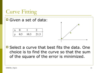 CISE301_Topic1 11
Curve Fitting
 Given a set of data:
 Select a curve that best fits the data. One
choice is to find the curve so that the sum
of the square of the error is minimized.
x 0 1 2
y 0.5 10.3 21.3
 