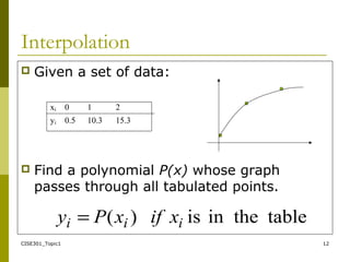 CISE301_Topic1 12
Interpolation
 Given a set of data:
 Find a polynomial P(x) whose graph
passes through all tabulated points.
xi 0 1 2
yi 0.5 10.3 15.3
tablein theis)( iii xifxPy =
 