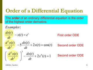CISE301_Topic8L1 13
Order of a Differential Equation
1
)
(
2
)
(
)
(
)
cos(
)
(
2
)
(
5
)
(
)
(
)
(
:
4
3
2
2
2
2
















t
x
dt
t
dx
dt
t
x
d
t
t
x
dt
t
dx
dt
t
x
d
e
t
x
dt
t
dx
Examples
t
The order of an ordinary differential equation is the order
of the highest order derivative.
Second order ODE
First order ODE
Second order ODE
 