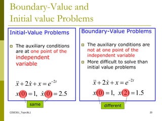 CISE301_Topic8L1 20
Boundary-Value and
Initial value Problems
Boundary-Value Problems
 The auxiliary conditions are
not at one point of the
independent variable
 More difficult to solve than
initial value problems
5
.
1
)
2
(
,
1
)
0
(
2 2




 
x
x
e
x
x
x t



Initial-Value Problems
 The auxiliary conditions
are at one point of the
independent
variable
5
.
2
)
0
(
,
1
)
0
(
2 2




 
x
x
e
x
x
x t




same different
 