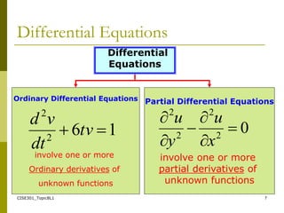 CISE301_Topic8L1 7
Partial Differential Equations
involve one or more
partial derivatives of
unknown functions
Ordinary Differential Equations
involve one or more
Ordinary derivatives of
unknown functions
Differential Equations
Differential
Equations
1
6
2
2

 tv
dt
v
d
0
2
2
2
2






x
u
y
u
 