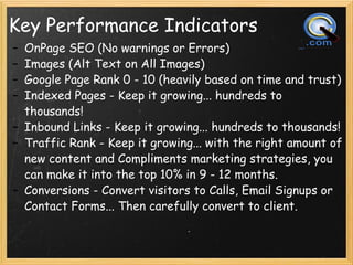 Key Performance Indicators <ul><ul><li>OnPage SEO (No warnings or Errors) </li></ul></ul><ul><ul><li>Images (Alt Text on A...