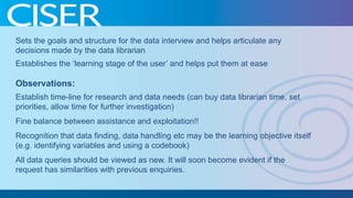 Sets the goals and structure for the data interview and helps articulate any
decisions made by the data librarian

Establishes the ‘learning stage of the user’ and helps put them at ease

Observations:
Establish time-line for research and data needs (can buy data librarian time, set
priorities, allow time for further investigation)
Fine balance between assistance and exploitation!!
Recognition that data finding, data handling etc may be the learning objective itself
(e.g. identifying variables and using a codebook)
All data queries should be viewed as new. It will soon become evident if the
request has similarities with previous enquiries.

 