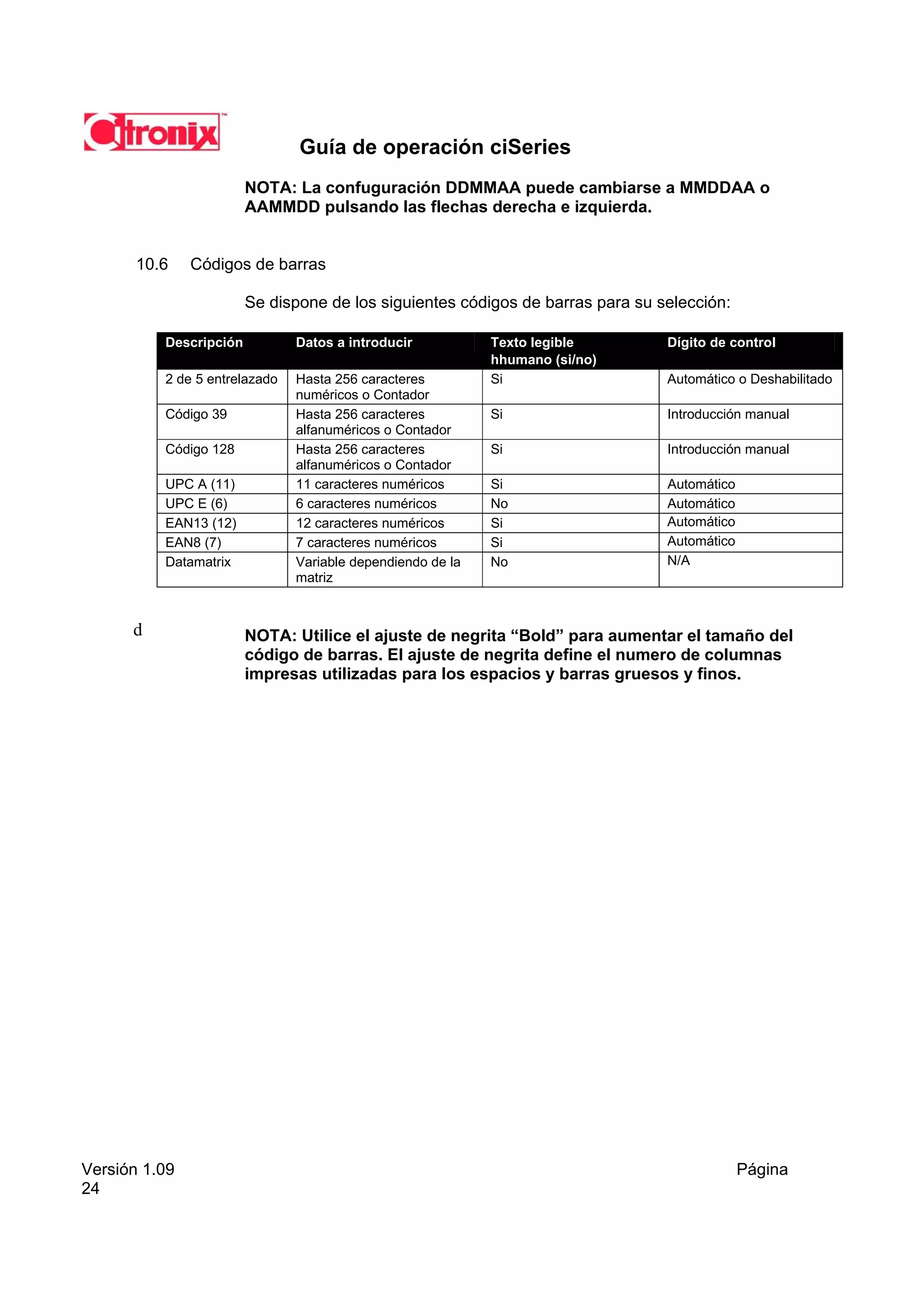 Guía de operación ciSeries
                        NOTA: La confuguración DDMMAA puede cambiarse a MMDDAA o
                        AAMMDD pulsando las flechas derecha e izquierda.


       10.6    Códigos de barras

                        Se dispone de los siguientes códigos de barras para su selección:

          Descripción          Datos a introducir           Texto legible       Dígito de control
                                                            hhumano (si/no)
          2 de 5 entrelazado   Hasta 256 caracteres         Si                  Automático o Deshabilitado
                               numéricos o Contador
          Código 39            Hasta 256 caracteres         Si                  Introducción manual
                               alfanuméricos o Contador
          Código 128           Hasta 256 caracteres         Si                  Introducción manual
                               alfanuméricos o Contador
          UPC A (11)           11 caracteres numéricos      Si                  Automático
          UPC E (6)            6 caracteres numéricos       No                  Automático
          EAN13 (12)           12 caracteres numéricos      Si                  Automático
          EAN8 (7)             7 caracteres numéricos       Si                  Automático
          Datamatrix           Variable dependiendo de la   No                  N/A
                               matriz


      d                 NOTA: Utilice el ajuste de negrita “Bold” para aumentar el tamaño del
                        código de barras. El ajuste de negrita define el numero de columnas
                        impresas utilizadas para los espacios y barras gruesos y finos.




Versión 1.09                                                                                 Página
24
 