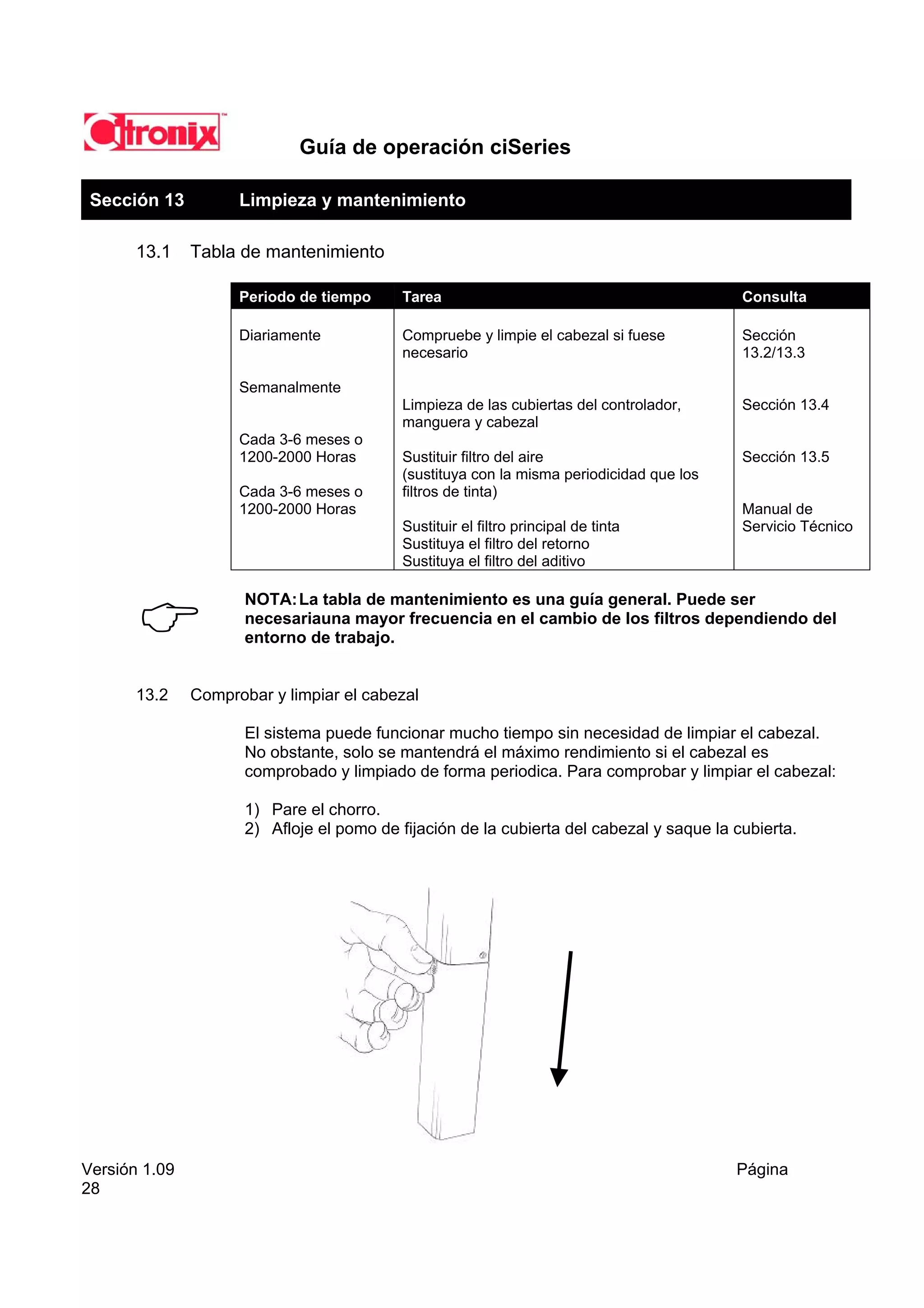 Guía de operación ciSeries

 Sección 13          Limpieza y mantenimiento

       13.1    Tabla de mantenimiento

                     Periodo de tiempo     Tarea                                           Consulta

                     Diariamente           Compruebe y limpie el cabezal si fuese          Sección
                                           necesario                                       13.2/13.3

                     Semanalmente
                                           Limpieza de las cubiertas del controlador,      Sección 13.4
                                           manguera y cabezal
                     Cada 3-6 meses o
                     1200-2000 Horas       Sustituir filtro del aire                       Sección 13.5
                                           (sustituya con la misma periodicidad que los
                     Cada 3-6 meses o      filtros de tinta)
                     1200-2000 Horas                                                       Manual de
                                           Sustituir el filtro principal de tinta          Servicio Técnico
                                           Sustituya el filtro del retorno
                                           Sustituya el filtro del aditivo

                      NOTA: La tabla de mantenimiento es una guía general. Puede ser
                      necesariauna mayor frecuencia en el cambio de los filtros dependiendo del
                      entorno de trabajo.


       13.2    Comprobar y limpiar el cabezal

                      El sistema puede funcionar mucho tiempo sin necesidad de limpiar el cabezal.
                      No obstante, solo se mantendrá el máximo rendimiento si el cabezal es
                      comprobado y limpiado de forma periodica. Para comprobar y limpiar el cabezal:

                      1) Pare el chorro.
                      2) Afloje el pomo de fijación de la cubierta del cabezal y saque la cubierta.




Versión 1.09                                                                              Página
28
 
