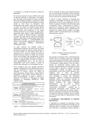 Décima Segunda Conferencia Iberoamericana en Sistemas, Cibernética e Informática: CISCI 2013 - 9 al 12 de Julio de 2013 ~
Orlando, Florida, EE.UU.
as percepções e a vontade de Governos e respectivas
populações.
Há uma forte expectativa de que conflitos futuros não
só incluirão operações no ciberespaço, mas também
que este espaço comum poderá se tornar a principal
frente para conflitos irregulares e tradicionais. Ainda
não existe uma definição internacionalmente aceita de
quando as ações hostis no ciberespaço serão
reconhecidas como ataques, muito menos como atos
de guerra. No entanto, os estudiosos estão obtendo
progressos nesta área, tais como a aplicação de um
quadro analítico para determinar se um ataque
cibernético equivale ao uso da força de acordo com o
preconizado pelas Nações Unidas (BEIDLEMAN,
2009). A análise de Schmitt considera a intensidade
dos danos em cada uma das sete áreas (gravidade,
urgência, objetividade, mensurabilidade invasividade,
legitimidade presumida e a responsabilidade) para
fornecer uma avaliação composta dos efeitos de um
ataque cibernético (MICHEL, WINGFIELD,
WIJESEKERA, 2003).
As ações ofensivas são iniciadas usando a
infraestrutura da internet e, de acordo com seu caráter
transnacional, podem ter origem no estado inimigo ou
em outros estados em que existam grupos que se
simpatizem com a causa do inimigo ou ainda que
possuam redes que possam ser usadas como escravas
(slave) em um ataque. Estas características, no plano
ofensivo de uma operação cibernética, permitem ao
atacante o emprego maciço de todos os recursos e
meios disponibilizados com o uso das redes de
computadores, bem como incentiva a criação de
técnicas mais sofisticadas e a sua divulgação em sites.
Alvos vantajosos para uma operação cibernética,
segundo a importância das suas infraestruturas, são as
redes de computadores e sistemas que gerenciam e
controlam os serviços críticos de: Redes de
Telecomunicações; Energia Elétrica; Saúde Pública,
Emergência e Água potável; Sistema Financeiro; e
Redes Governamentais. A Figura 1 sintetiza as
dimensões do ambiente de informação no espaço
cibernético ou ciberespaço (WOOLLEY, 2006;
LIBICKI, 2009).
Figura 1 – As dimensões do ambiente da Informação.
Não foi mostrada na figura uma dimensão adicional
que é a social, que liga o indivíduo a outros, formando
uma rede social maior. Esta rede social tem um papel
crítico no processo de tomada de decisão humana.
A defesa no espaço cibernético é planejada para
assegurar as necessidades de proteção e de defesa da
infraestrutura crítica de uma organização ou de um
Estado. Os ataques cibernéticos são direcionados para
as dimensões física e informacional. A Figura 2
apresenta um exemplo de ataque cibernético. Cabe
observar que as dimensões física e informacional são
suceptíveis de ataques diretos, enquanto os ataques
indiretos podem ser direcionados para as dimensões
informacional e cognitiva.
Figura 2 – Modelo conceitual das operações
cibernéticas.
Para proteger as dimensões física e informacional dos
diversos tipos de ameaças, devem ser observadas
quatro metas principais (O’HARA, 2004): estabelecer
proteção da infraestrutura de tecnologia da informação
e da aplicação, visando permitir o uso das redes e
sistemas de informação; detectar ataques, para
associar contramedidas passivas de proteção; restaurar
de forma rápida e eficiente os sistemas que foram
comprometidos; resposta de ataque, associando
contramedidas ativas.O’hara (2004) apresenta cinco
categorias para as ações de proteção:
confidencialidade - assegurar que as informações não
serão divulgadas a pessoas não autorizadas;
integridade - garantir a coerência das informações
impedindo criação não autorizada, alteração ou
destruição de dados; disponibilidade - garantir que
usuários legítimos não sejam impedidos
indevidamente de ter acesso a recursos
computacionais, informações e recursos de
comunicações; não-repúdio – assegurar que as
informações transmitidas foram recebidas pelo
destinário final; autenticação de sistemas amigos -
garantir a identidade do requisitante de uma transação.
A proteção da dimensão cognitiva não tão simples,
pois está mais para aspectos comportamentais do que
tecnológicos.
4. Identificando Vulnerabilidades na Dimensão
Informacional
A importância da segurança da informação cresceu
significativamente com aumento de atividades que são
realizadas através da Internet. Troca de informações
entre indivíduos e organizações, Internet Banking e
 