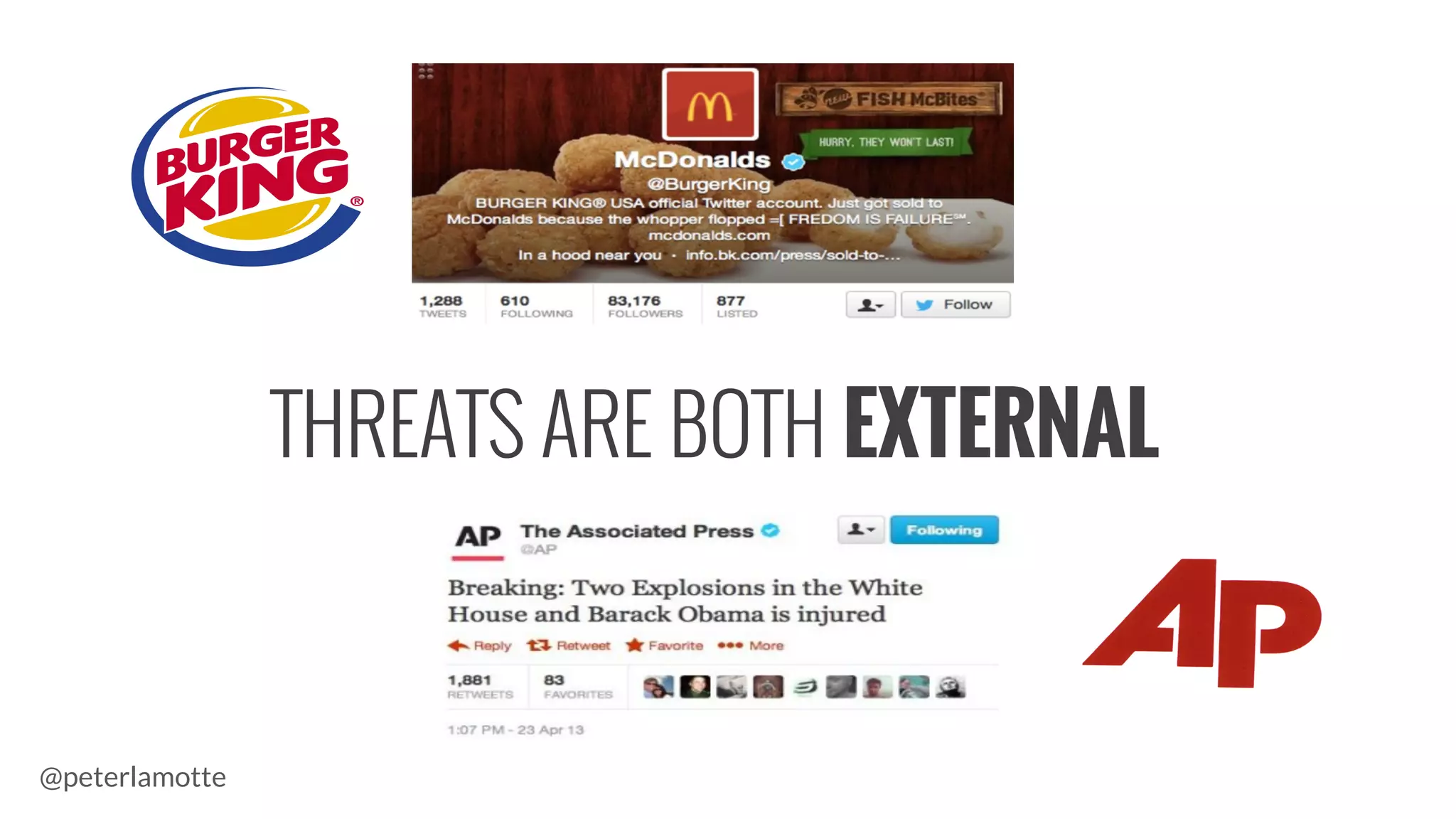 THREATS ARE BOTH EXTERNAL
@peterlamotte
 