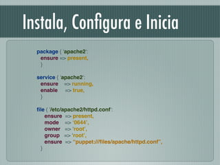 package { 'apache2':!
ensure => present,!
}!
 !
service { 'apache2':!
ensure => running,!
enable => true,!
}!
!
ﬁle { '/etc/apache2/httpd.conf':!
ensure => present,!
mode => ‘0644’,!
owner => ‘root’,!
group => ‘root’,!
ensure => “puppet:///ﬁles/apache/httpd.conf”,!
}
Instala, Conﬁgura e Inicia
 