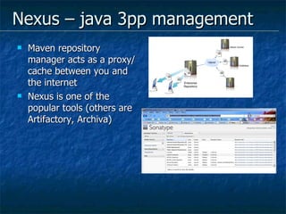 Nexus – java 3pp management Maven repository manager acts as a proxy/cache between you and the internet Nexus is one of the popular tools (others are Artifactory, Archiva)  