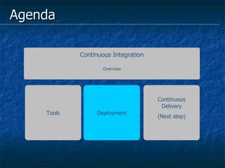 Agenda Tools Continuous Integration Overview Deployment Continuous Delivery (Next step) 