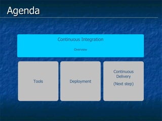 Agenda Tools Continuous Integration Overview Deployment Continuous Delivery (Next step) 