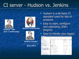 CI server - Hudson vs. Jenkins Hudson is a de-facto CI standard used for lots of products Easy to start, configure and extending (300+ plugins) Easy to handle your legacy system Hudson 1.394  (sun + community) Hudson (oracle) Jenkins (community) Since 2011 