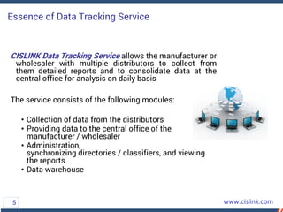 Essence of Data Tracking Service
CISLINK Data Tracking Service allows the manufacturer or
wholesaler with multiple distributors to collect from
them detailed reports and to consolidate data at the
central office for analysis on daily basis
The service consists of the following modules:
• Collection of data from the distributors
• Providing data to the central office of the
manufacturer / wholesaler
• Administration,
synchronizing directories / classifiers, and viewing
the reports
• Data warehouse
5
 