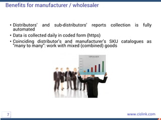 • Distributors’ and sub-distributors’ reports collection is fully
automated
• Data is collected daily in coded form (https)
• Coinciding distributor’s and manufacturer’s SKU catalogues as
"many to many": work with mixed (combined) goods
Benefits for manufacturer / wholesaler
7
 