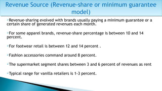 Revenue-sharing evolved with brands usually paying a minimum guarantee or a
certain share of generated revenues each month.
For some apparel brands, revenue-share percentage is between 10 and 14
percent.
For footwear retail is between 12 and 14 percent .
Fashion accessories command around 8 percent.
The supermarket segment shares between 3 and 6 percent of revenues as rent
Typical range for vanilla retailers is 1-3 percent.
Revenue Source (Revenue-share or minimum guarantee
model)
Revenue Source (Revenue-share or minimum guarantee
model)
 