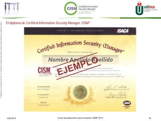 Curso de preparación para el examen CISM® 2013 30JUN 2013
©Copyright2013,delaelaboracióndelcurso,iTTi®,“Innovation&TechnologyTrendsInstitute”.Basadoenmaterialpropiedadde,ypublicadopor,ISACA®
El diploma de Certified Information Security Manager, CISM®
Nombre Apellido Apellido
 