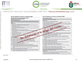 Curso de preparación para el examen CISM® 2013 47JUN 2013
©Copyright2013,delaelaboracióndelcurso,iTTi®,“Innovation&TechnologyTrendsInstitute”.Basadoenmaterialpropiedadde,ypublicadopor,ISACA®
CISM CG 2013 > Acerca de la “Guía del candidato a CISM® 2013” > Tareas y conocimientos (págs. 8 y 9)
Fuente: ISACA
 
