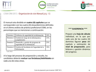 Curso de preparación para el examen CISM® 2013 52JUN 2013
©Copyright2013,delaelaboracióndelcurso,iTTi®,“Innovation&TechnologyTrendsInstitute”.Basadoenmaterialpropiedadde,ypublicadopor,ISACA®
CISM CRM 2013 > Organización de este Manual (pág. 13)
El manual esta dividido en cuatro (4) capítulos que se
corresponden con las cuatro (4) áreas/dominios definidos
en el último análisis de práctica profesional CISM, en los
porcentajes que se mencionan a continuación:
A lo largo del proceso de preparación y estudio, los
candidatos deberán evaluar sus fortalezas/debilidades en
cada una de estas áreas.
Fuente: ISACA
*** SUGERENCIA ***
Prepare una hoja de cálculo
individual, en la que por
cada uno de los cuatro (4)
dominios figuren peso del
capítulo y estimación de
nivel de preparación, para
bitácora y gestión dinámica
del progreso.
 