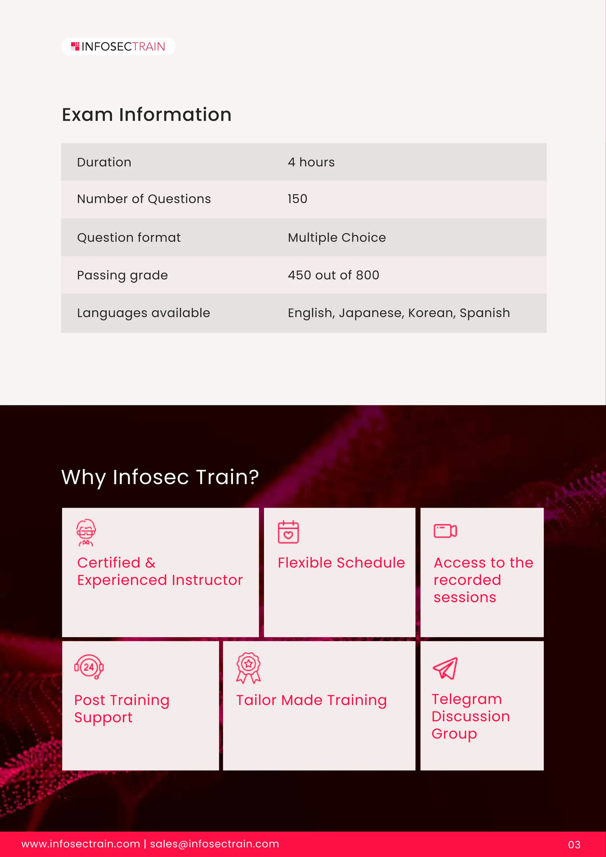 Why Infosec Train?
Certified &
Experienced Instructor
Flexible Schedule Access to the
recorded
sessions
Tailor Made Training Telegram
Discussion
Group
Post Training
Support
Exam Information
Duration 4 hours
Number of Questions 150
Question format
Passing grade
Languages available
Multiple Choice
450 out of 800
English, Japanese, Korean, Spanish
www.infosectrain.com | sales@infosectrain.com 03
 