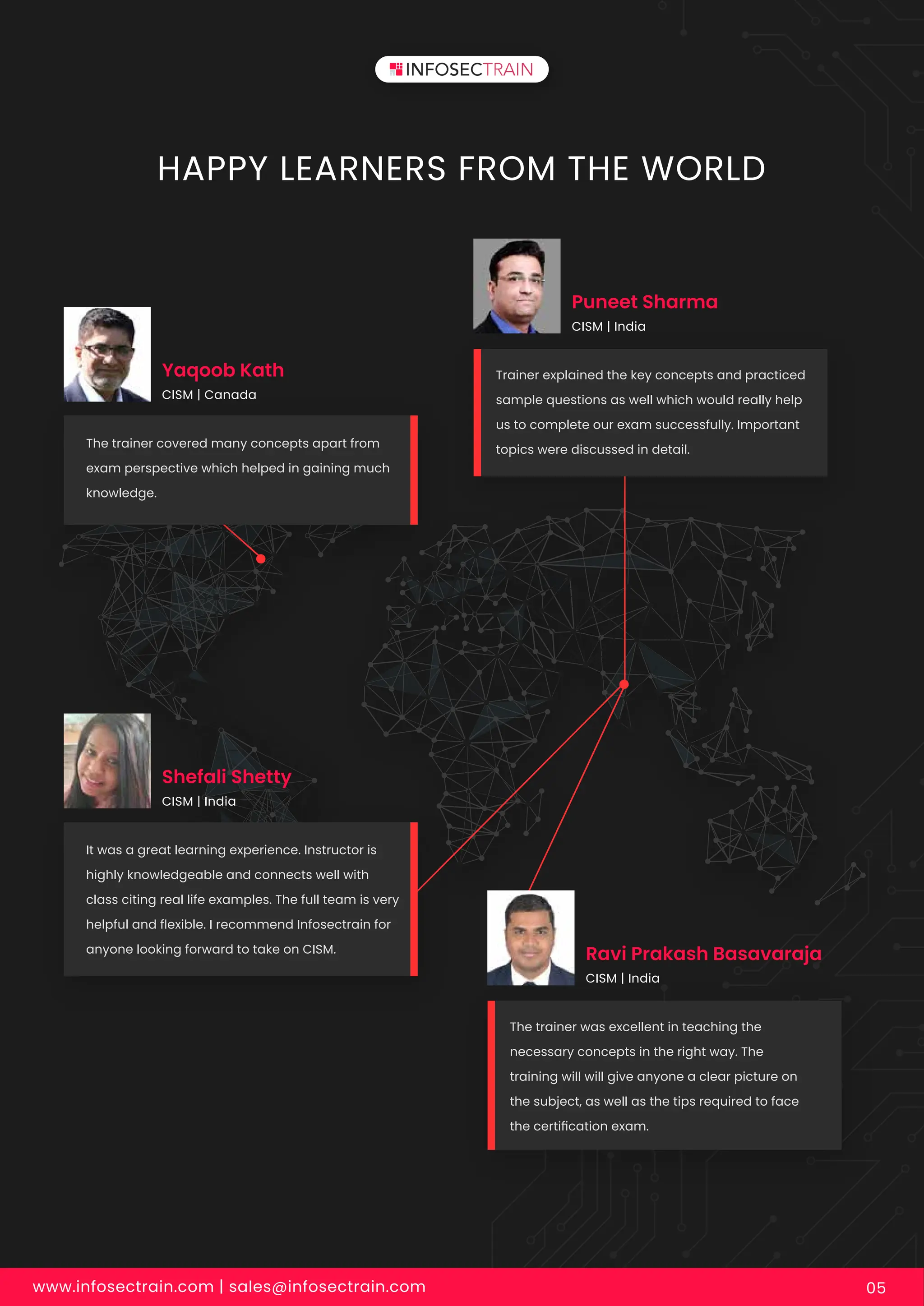 HAPPY LEARNERS FROM THE WORLD
www.infosectrain.com | sales@infosectrain.com 05
Shefali Shetty
CISM | India
It was a great learning experience. Instructor is
highly knowledgeable and connects well with
class citing real life examples. The full team is very
helpful and ﬂexible. I recommend Infosectrain for
anyone looking forward to take on CISM.
Puneet Sharma
CISM | India
Trainer explained the key concepts and practiced
sample questions as well which would really help
us to complete our exam successfully. Important
topics were discussed in detail.
Ravi Prakash Basavaraja
CISM | India
The trainer was excellent in teaching the
necessary concepts in the right way. The
training will will give anyone a clear picture on
the subject, as well as the tips required to face
the certiﬁcation exam.
Yaqoob Kath
CISM | Canada
The trainer covered many concepts apart from
exam perspective which helped in gaining much
knowledge.
 