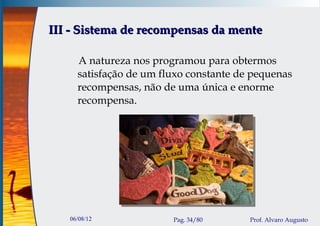 III - Sistema de recompensas da mente

     A natureza nos programou para obtermos
     satisfação de um fluxo constante de pequenas
     recompensas, não de uma única e enorme
     recompensa.




   06/08/12             Pag. 34/80      Prof. Alvaro Augusto
 