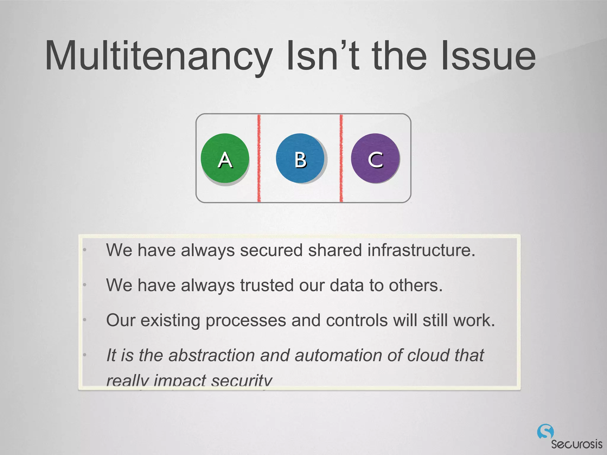 Multitenancy Isn’t the Issue
AAAA BBBB CCCC
• We have always secured shared infrastructure.
• We have always trusted our data to others.
• Our existing processes and controls will still work.
• It is the abstraction and automation of cloud that
really impact security
 