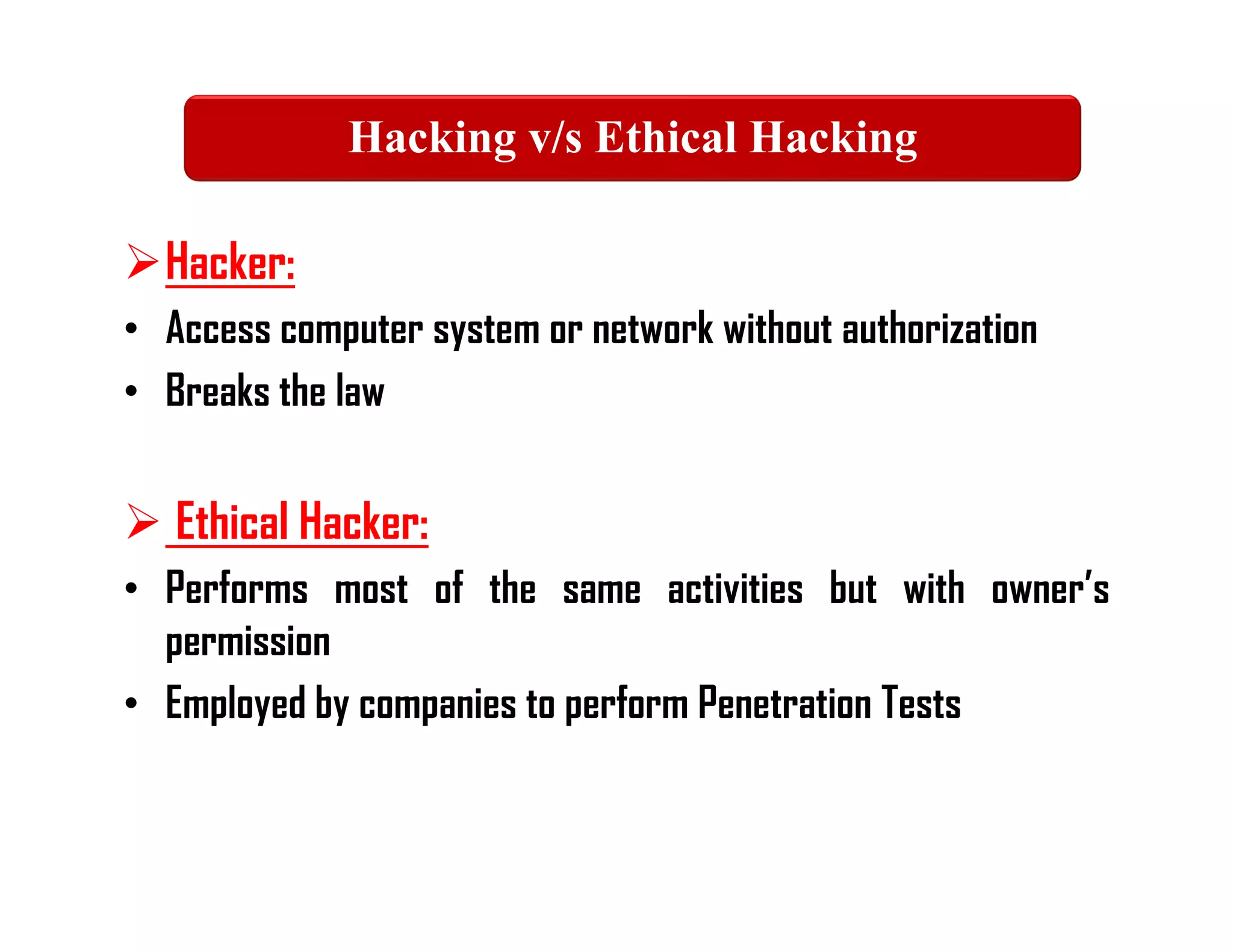 Hacker:
• Access computer system or network without authorization
• Breaks the law
 Ethical Hacker:
• Performs most of the same activities but with owner’s
permission
• Employed by companies to perform Penetration Tests
Hacking v/s Ethical Hacking
 